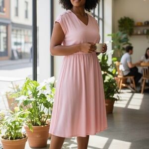 Women's Vintage SEARS Pink Striped V-Neck Elastic Waist Midi Dress Sz 16